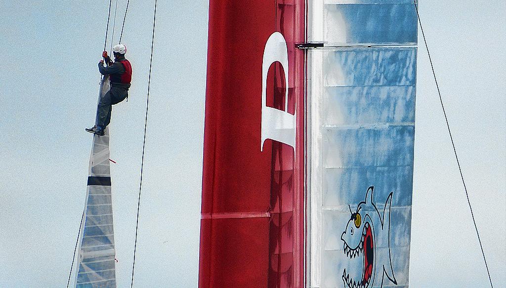 Wing trimmer making some last minute adjustments for Luna Rossa.